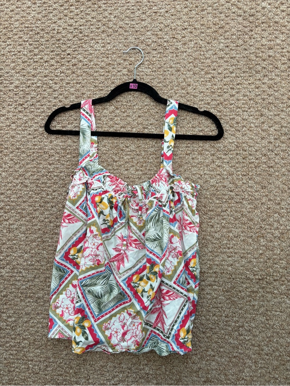 Girls Printed Tank Top with Tropical Geometric Pattern - Pink, Green & Yellow